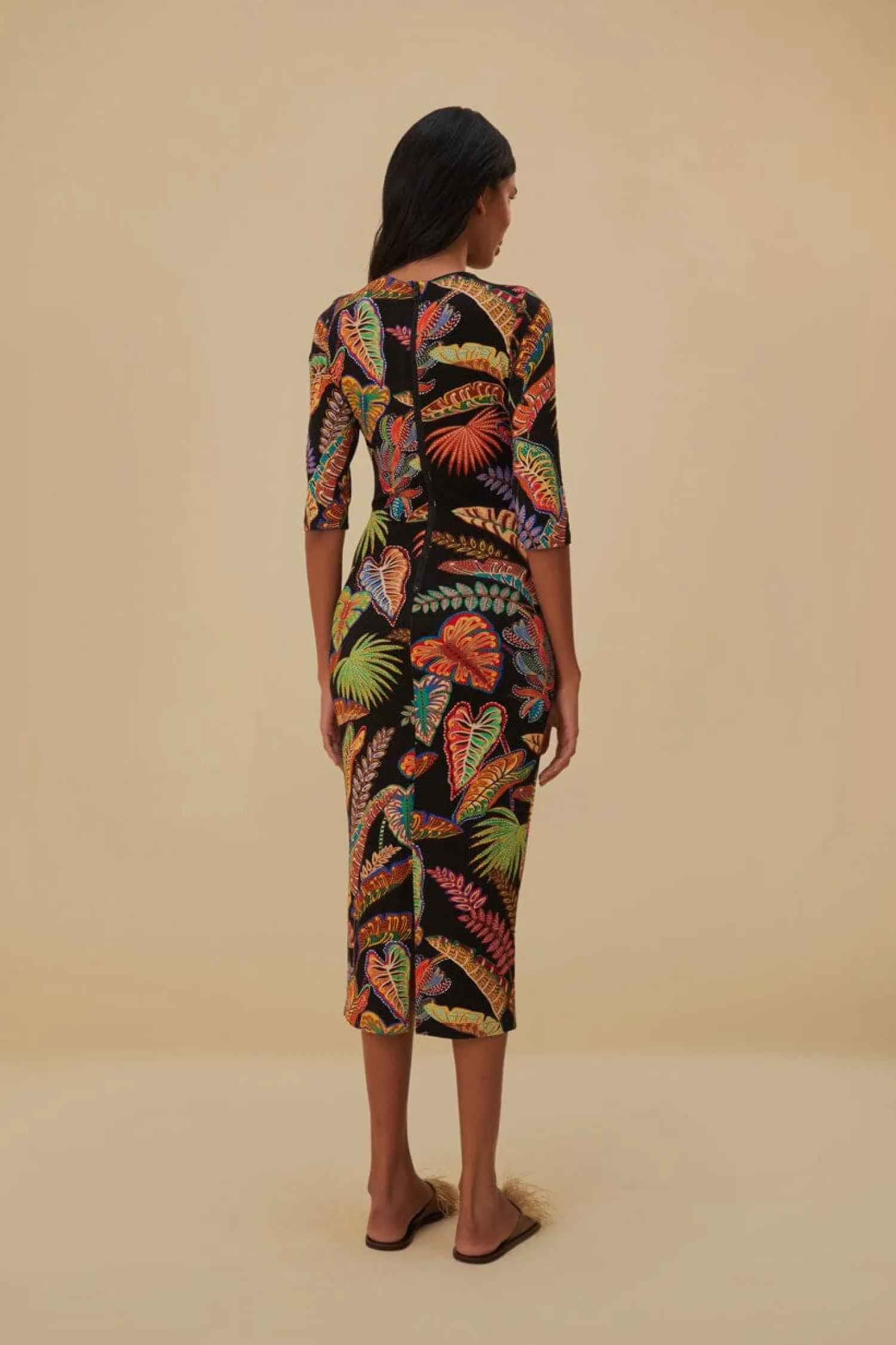 FARM Rio COOL FOLIAGE BLACK JERSEY MIDI DRESS