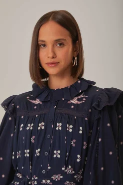 FARM Rio  DARK BLUE AINIKA MARTINA LONG SLEEVE MIDI DRESS
