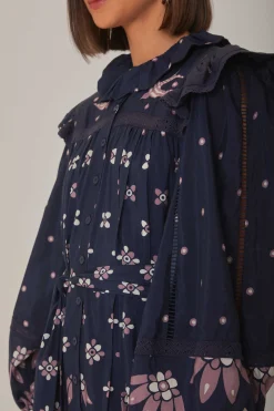 FARM Rio  DARK BLUE AINIKA MARTINA LONG SLEEVE MIDI DRESS