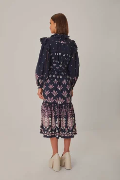 FARM Rio  DARK BLUE AINIKA MARTINA LONG SLEEVE MIDI DRESS