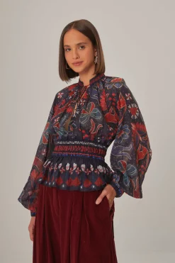 FARM Rio  DARK BLUE TROPICAL SHINE V NECK BLOUSE