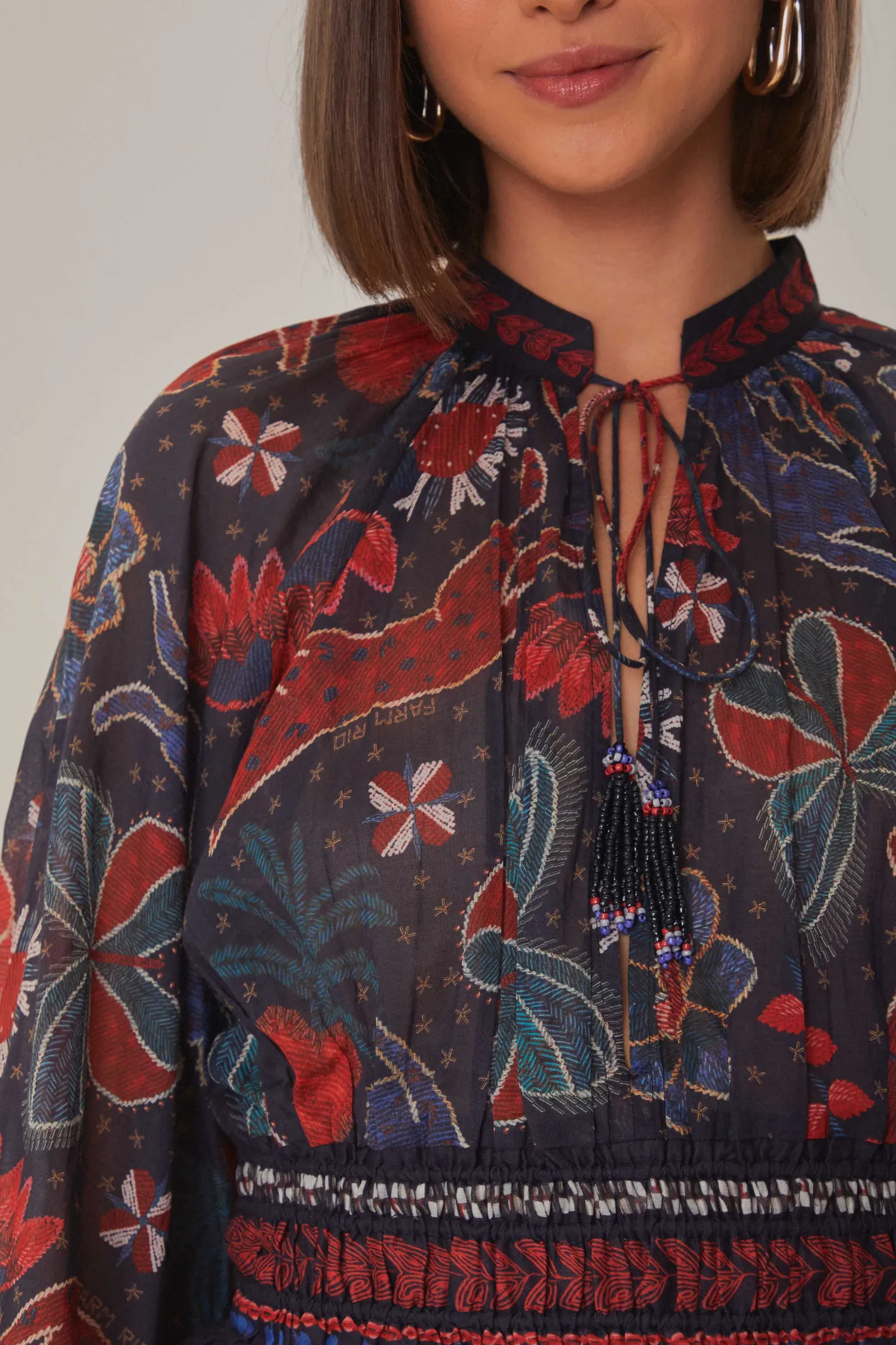 FARM Rio DARK BLUE TROPICAL SHINE V NECK BLOUSE