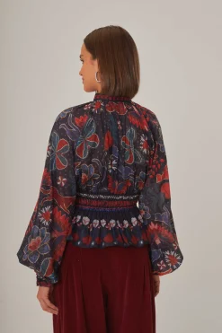 FARM Rio DARK BLUE TROPICAL SHINE V NECK BLOUSE