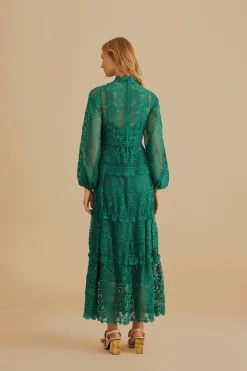 FARM Rio DARK GREEN GUIPURE LONG SLEEVE MAXI DRESS