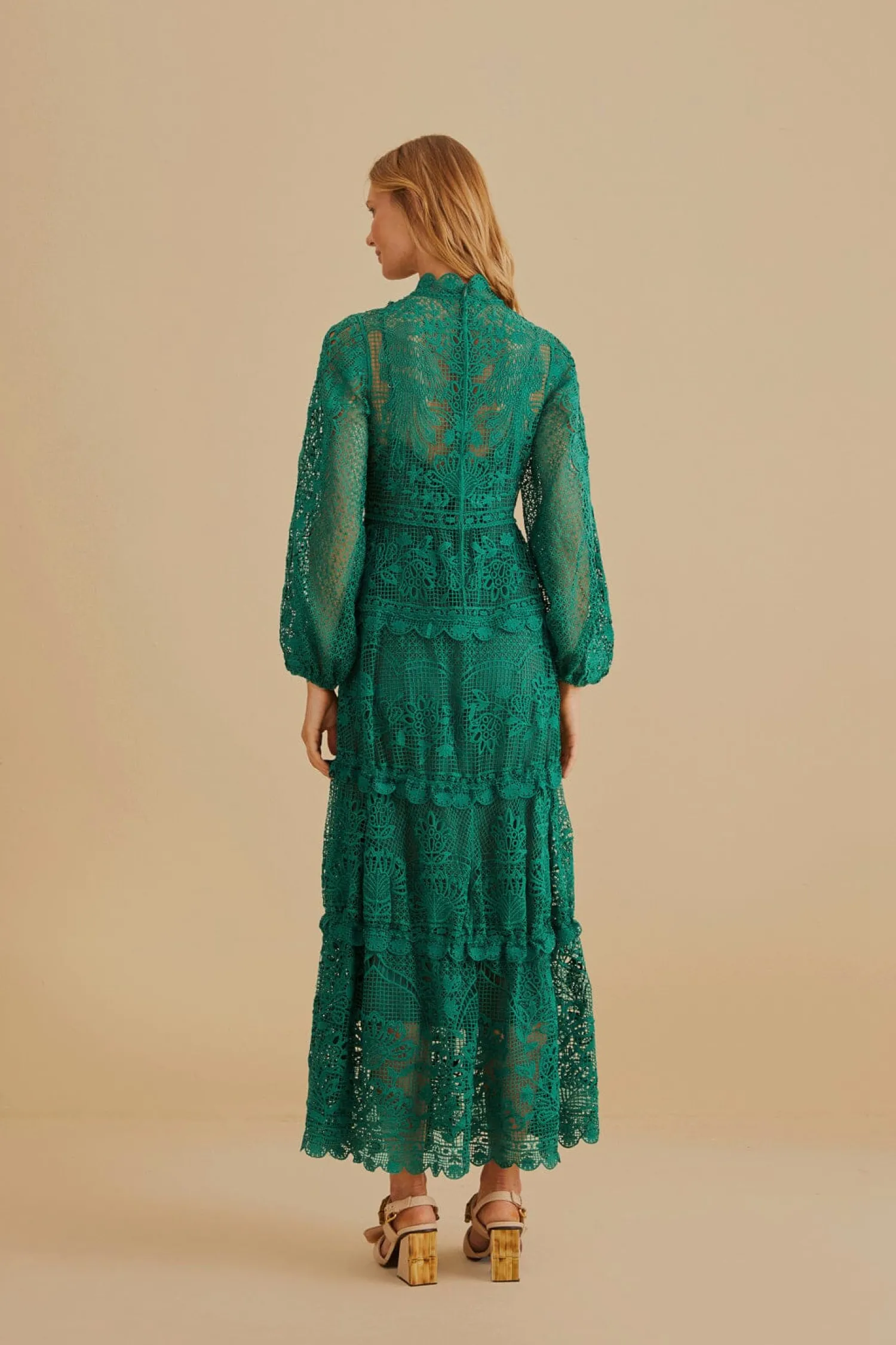 FARM Rio DARK GREEN GUIPURE LONG SLEEVE MAXI DRESS