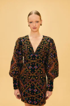 FARM Rio EMBROIDERED CORDUROY PUFF SLEEVE MINI DRESS
