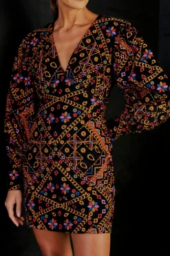 FARM Rio  EMBROIDERED CORDUROY PUFF SLEEVE MINI DRESS