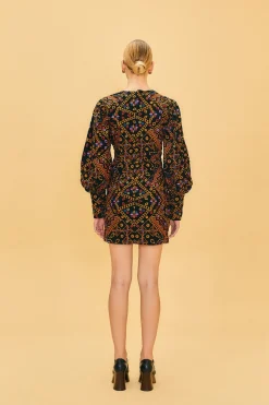 FARM Rio  EMBROIDERED CORDUROY PUFF SLEEVE MINI DRESS