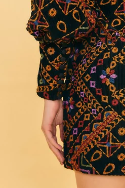 FARM Rio  EMBROIDERED CORDUROY PUFF SLEEVE MINI DRESS