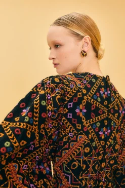 FARM Rio  EMBROIDERED CORDUROY PUFF SLEEVE MINI DRESS