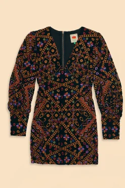 FARM Rio  EMBROIDERED CORDUROY PUFF SLEEVE MINI DRESS