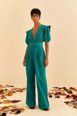FARM Rio EMERALD PLEATED SHORT SLEEVE JUMPSUIT