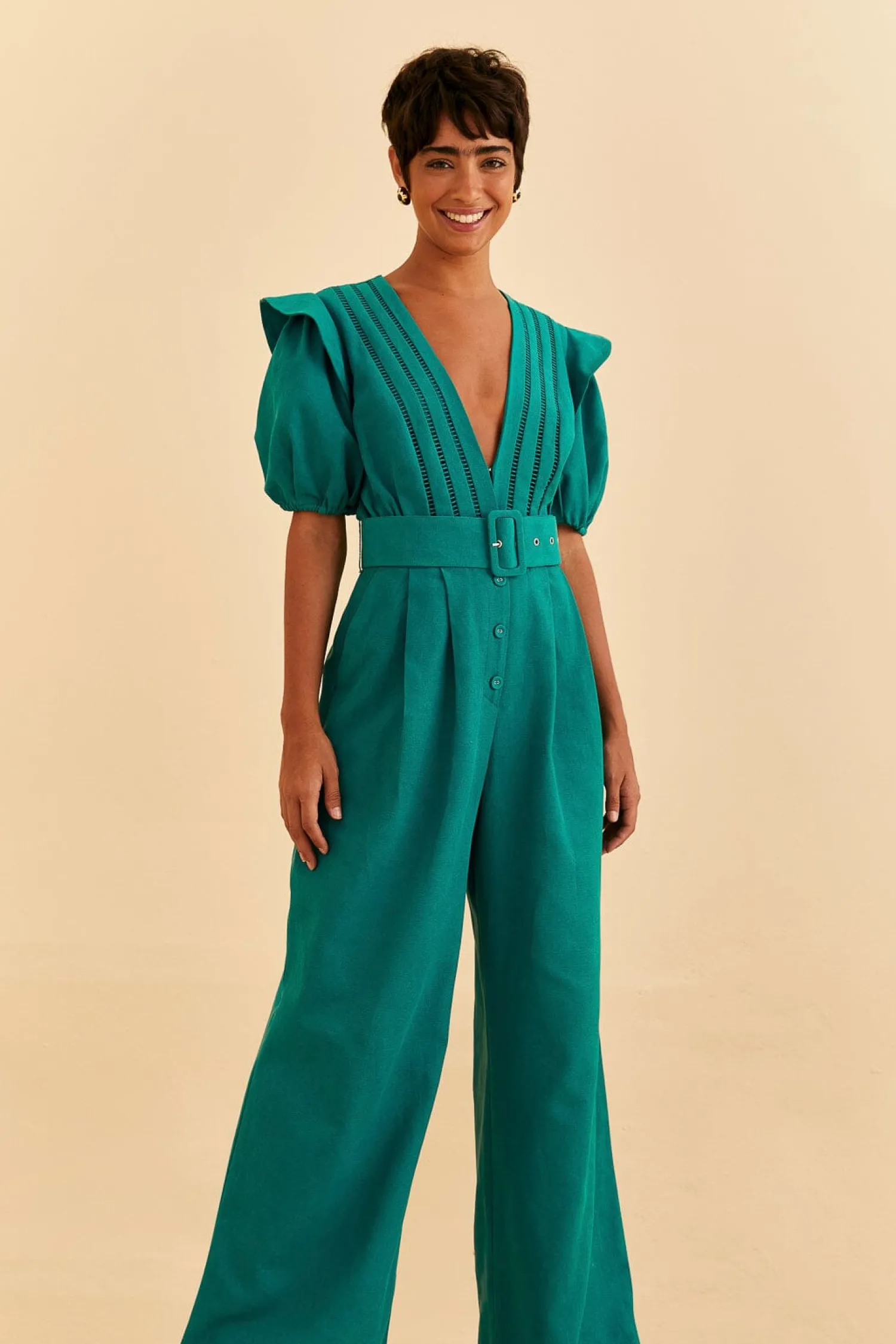FARM Rio EMERALD PLEATED SHORT SLEEVE JUMPSUIT