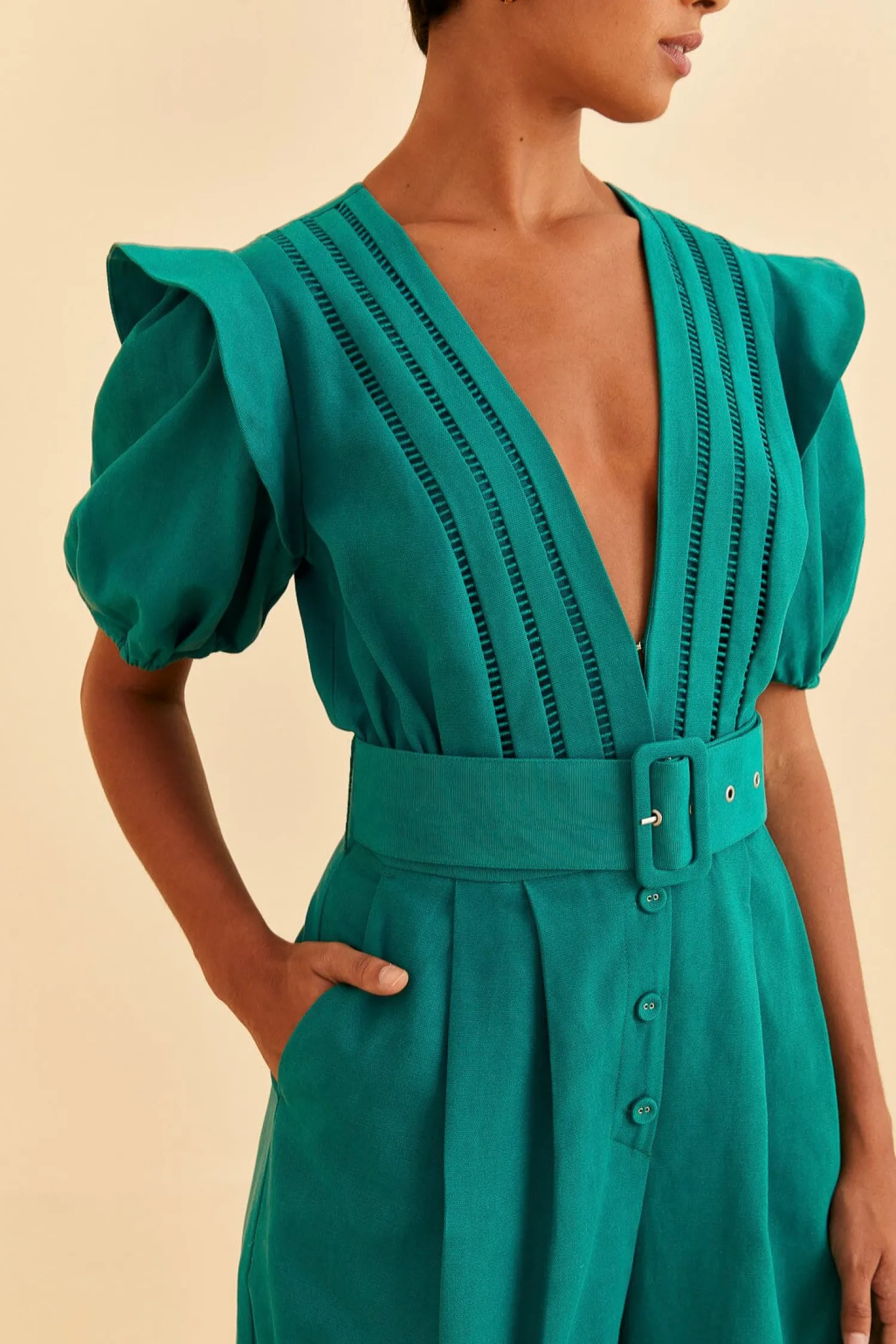 FARM Rio EMERALD PLEATED SHORT SLEEVE JUMPSUIT