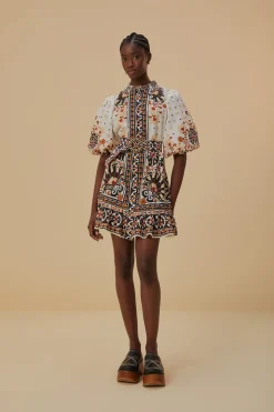 FARM Rio  FLOWER FAN TAPESTRY OFF-WHITE MINI DRESS