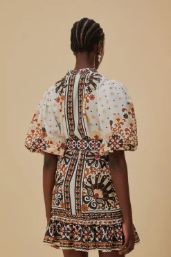 FARM Rio  FLOWER FAN TAPESTRY OFF-WHITE MINI DRESS