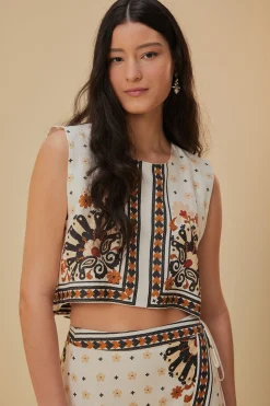 FARM Rio  FLOWER FAN TAPESTRY OFF-WHITE CROPPED