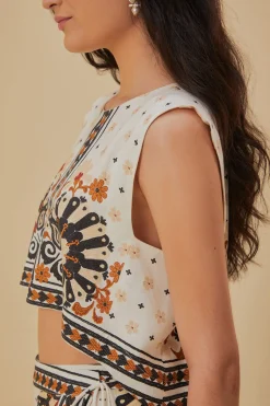 FARM Rio FLOWER FAN TAPESTRY OFF-WHITE CROPPED