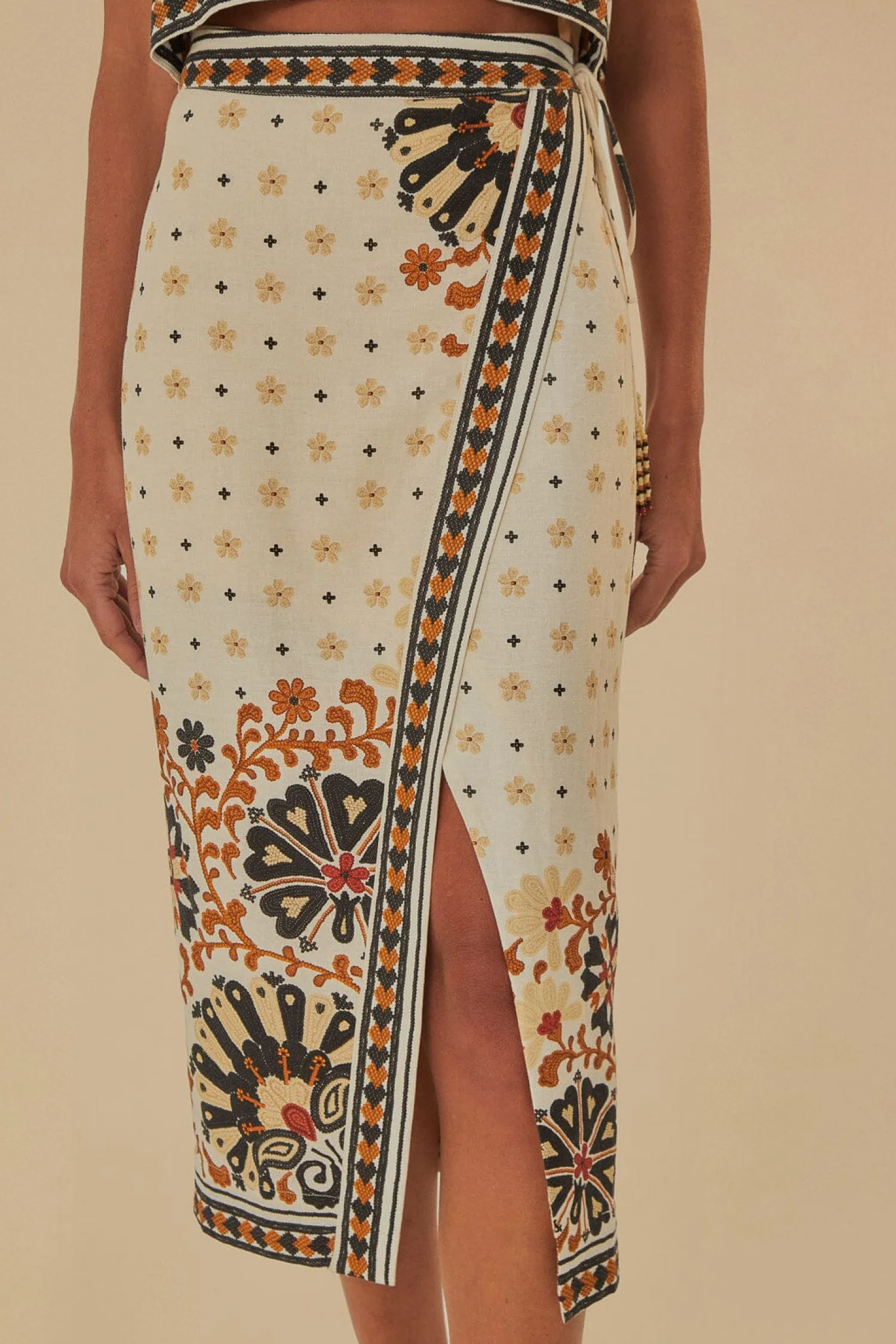 FARM Rio FLOWER FAN TAPESTRY OFF-WHITE WRAP MIDI SKIRT