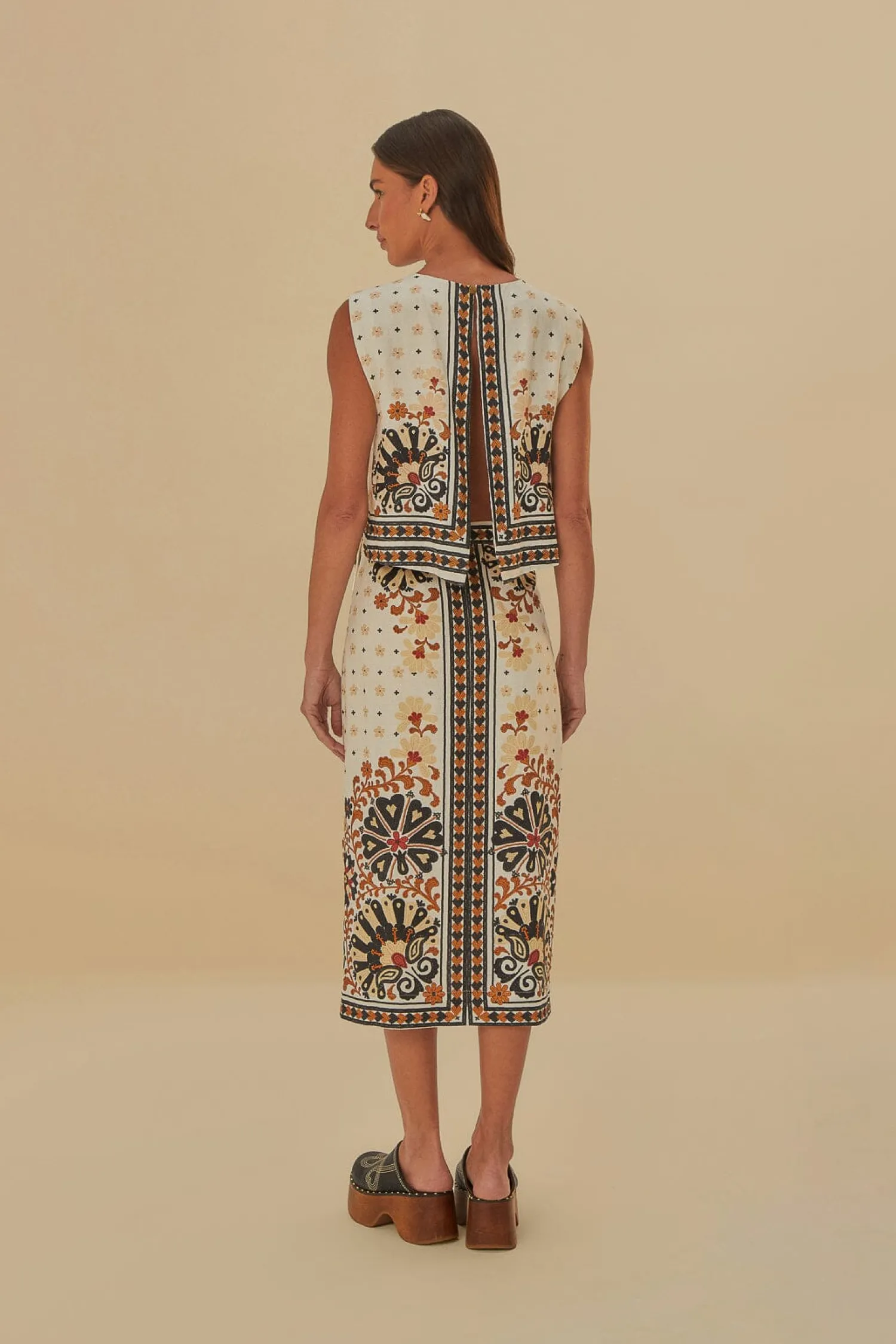 FARM Rio FLOWER FAN TAPESTRY OFF-WHITE WRAP MIDI SKIRT