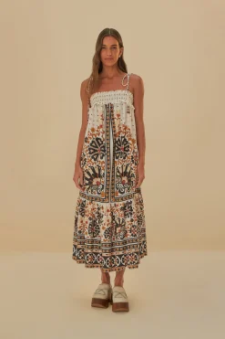 FARM Rio FLOWER FAN TAPESTRY OFF-WHITE MIDI DRESS