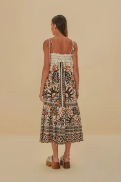 FARM Rio  FLOWER FAN TAPESTRY OFF-WHITE MIDI DRESS