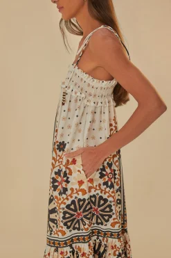 FARM Rio  FLOWER FAN TAPESTRY OFF-WHITE MIDI DRESS