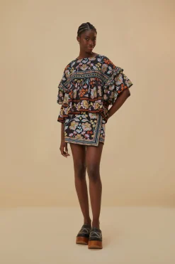 FARM Rio  FLOWERY BLACK MINI SKIRT