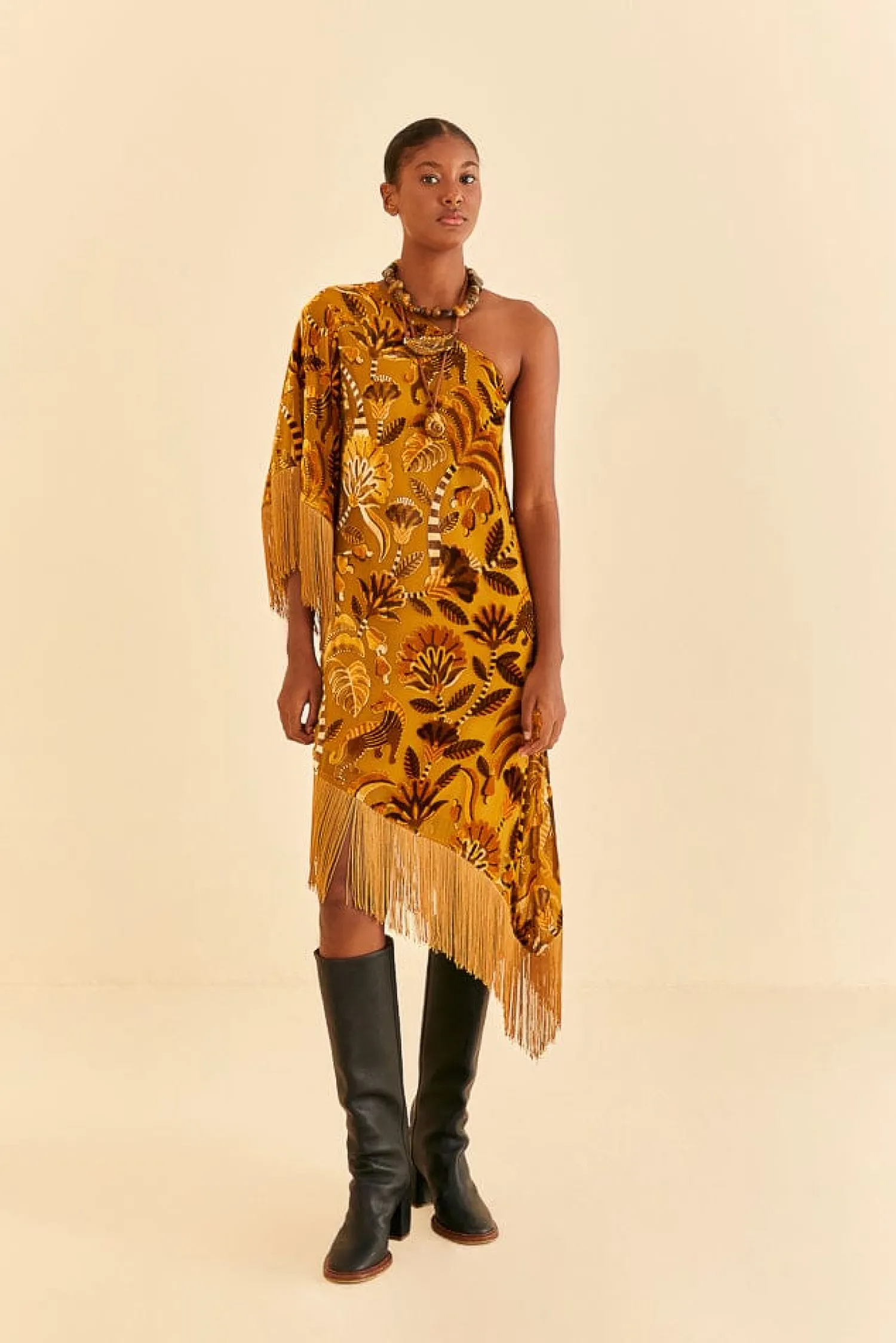 FARM Rio GOLDEN YELLOW VELVET ONE SHOULDER FRINGE DRESS