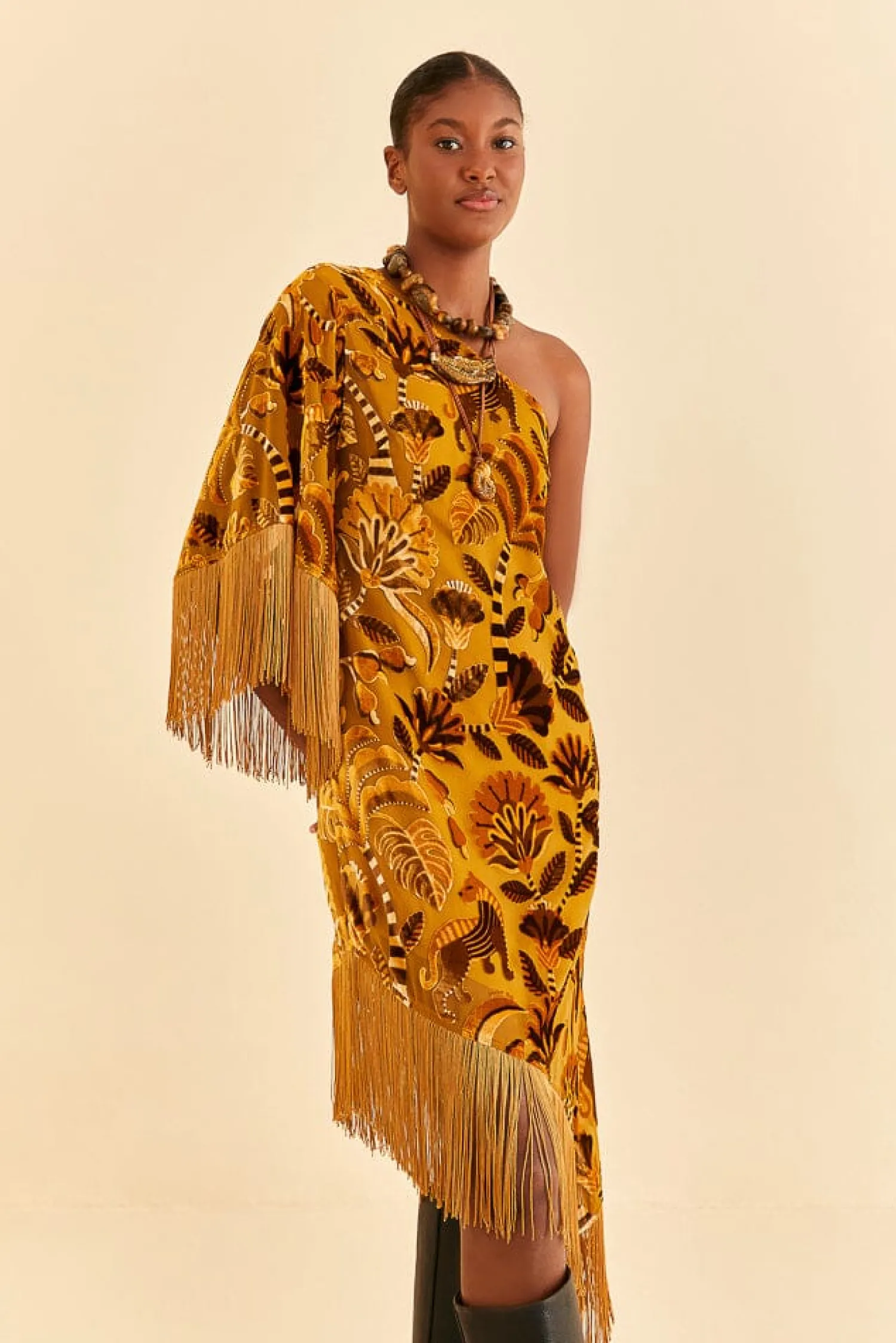 FARM Rio GOLDEN YELLOW VELVET ONE SHOULDER FRINGE DRESS