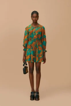FARM Rio  GREEN ARTSY LEOPARDS LONG SLEEVE MINI DRESS