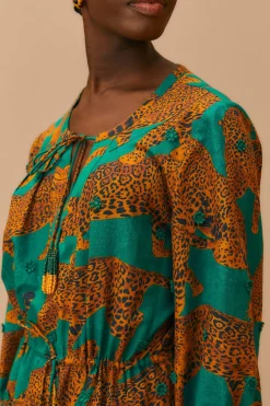 FARM Rio  GREEN ARTSY LEOPARDS LONG SLEEVE MINI DRESS