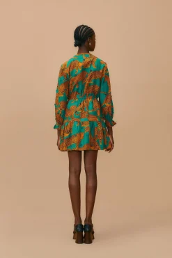 FARM Rio  GREEN ARTSY LEOPARDS LONG SLEEVE MINI DRESS