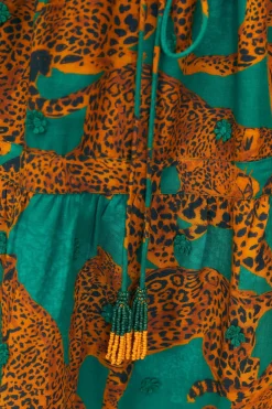 FARM Rio  GREEN ARTSY LEOPARDS LONG SLEEVE MINI DRESS