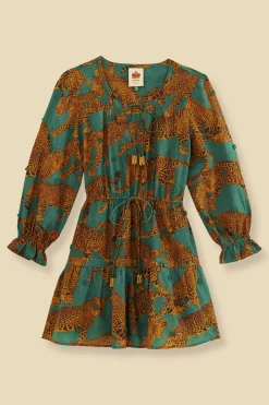FARM Rio  GREEN ARTSY LEOPARDS LONG SLEEVE MINI DRESS