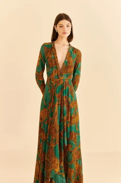 FARM Rio  GREEN ARTSY LEOPARDS LONG SLEEVE MAXI DRESS