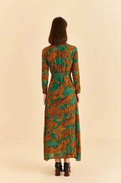 FARM Rio GREEN ARTSY LEOPARDS LONG SLEEVE MAXI DRESS