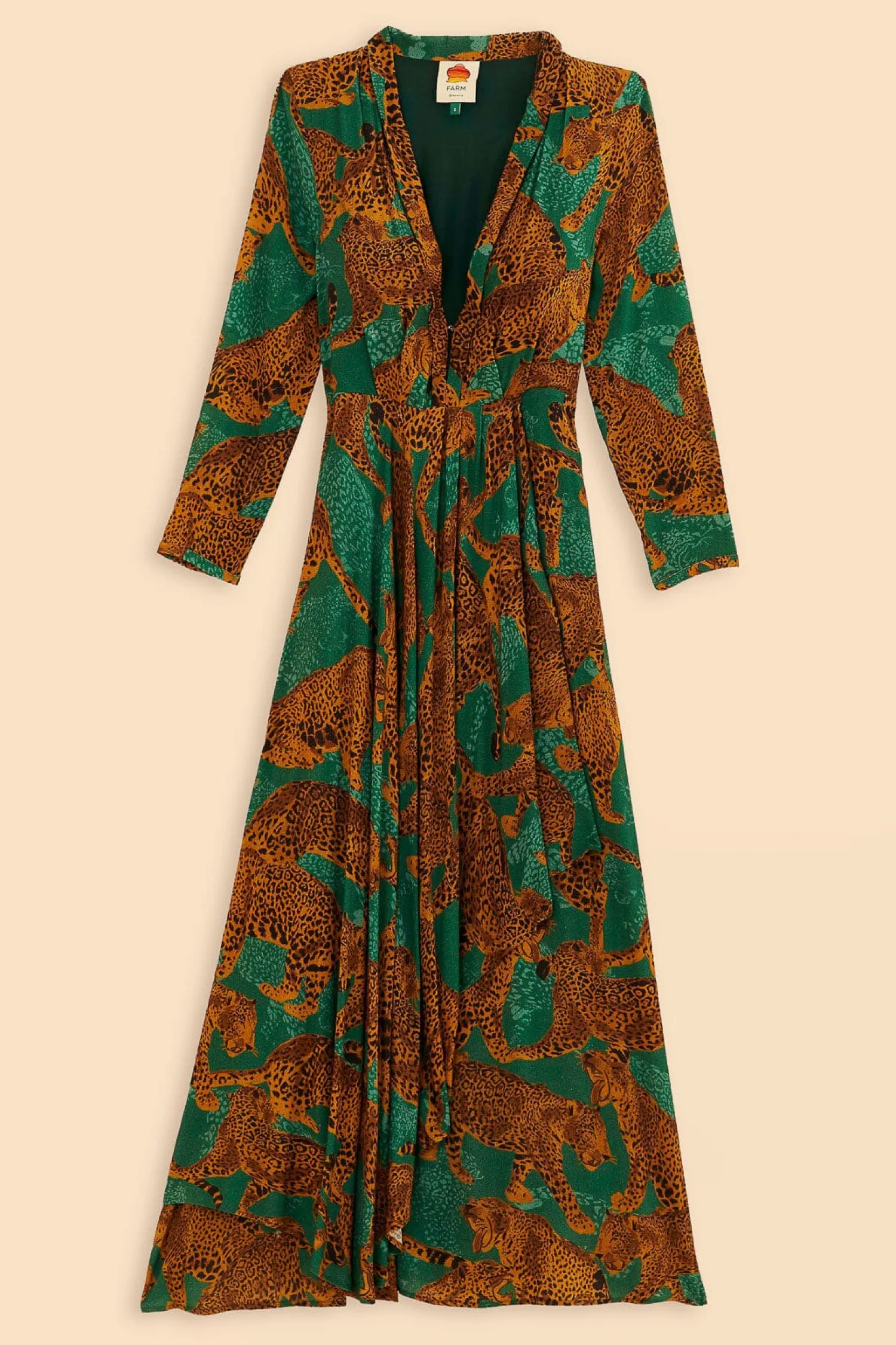 FARM Rio GREEN ARTSY LEOPARDS LONG SLEEVE MAXI DRESS