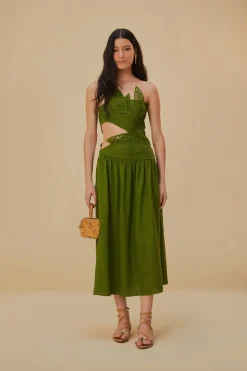 FARM Rio GREEN LEAVES CUT OUT MIDI DRESS
