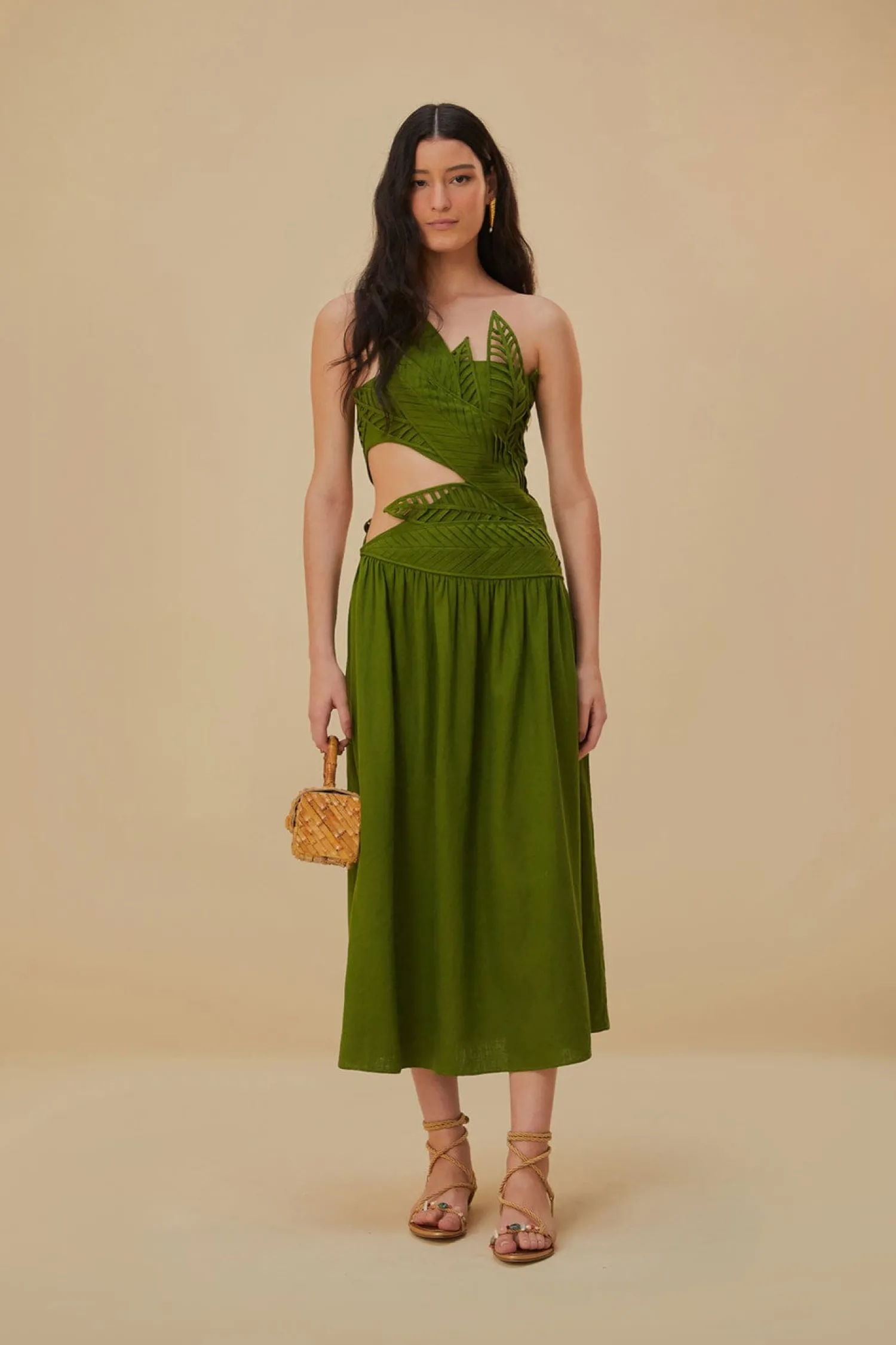 FARM Rio GREEN LEAVES CUT OUT MIDI DRESS