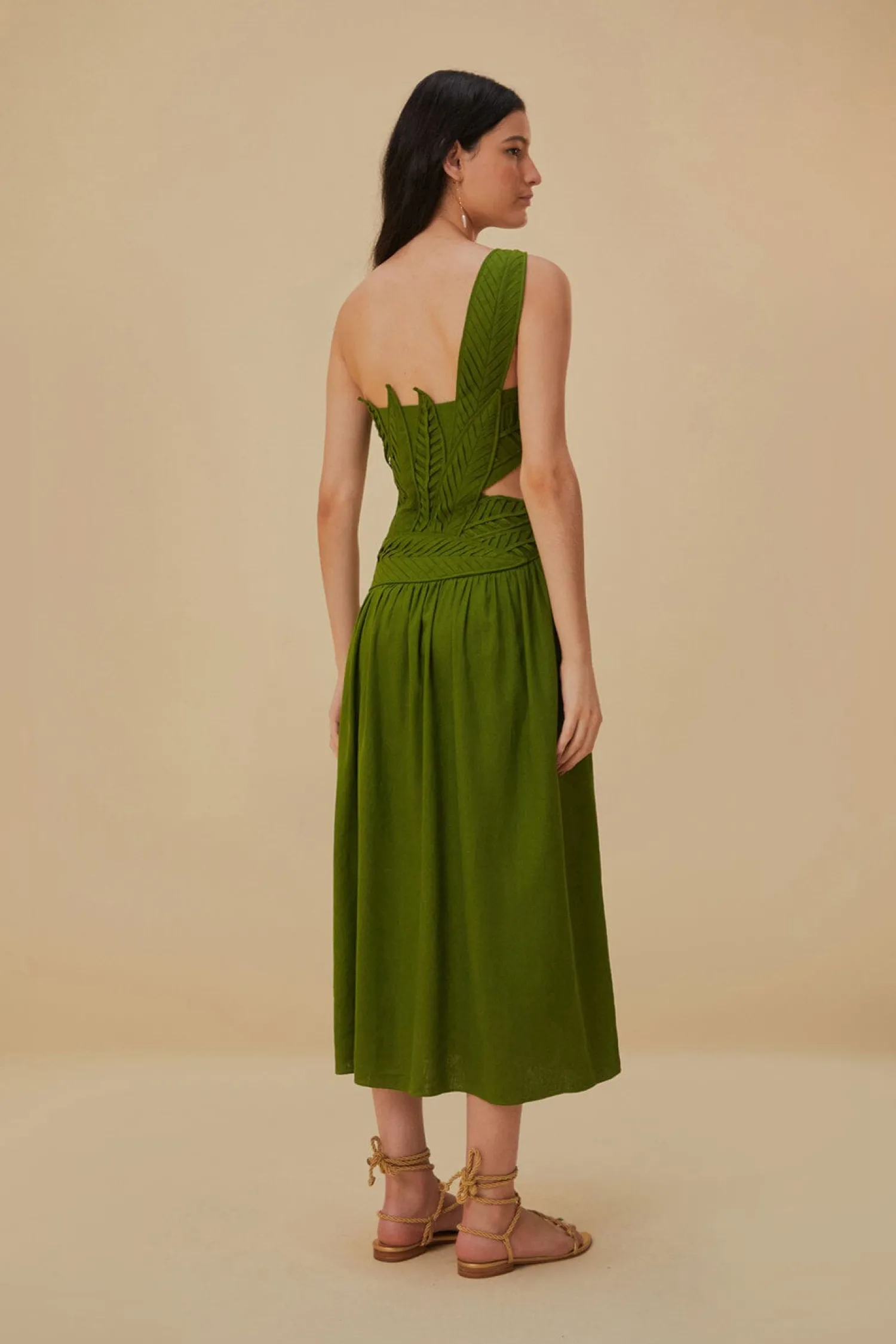 FARM Rio GREEN LEAVES CUT OUT MIDI DRESS