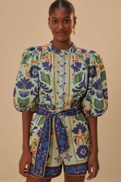 FARM Rio GREEN OCEAN TAPESTRY BELTED ROMPER