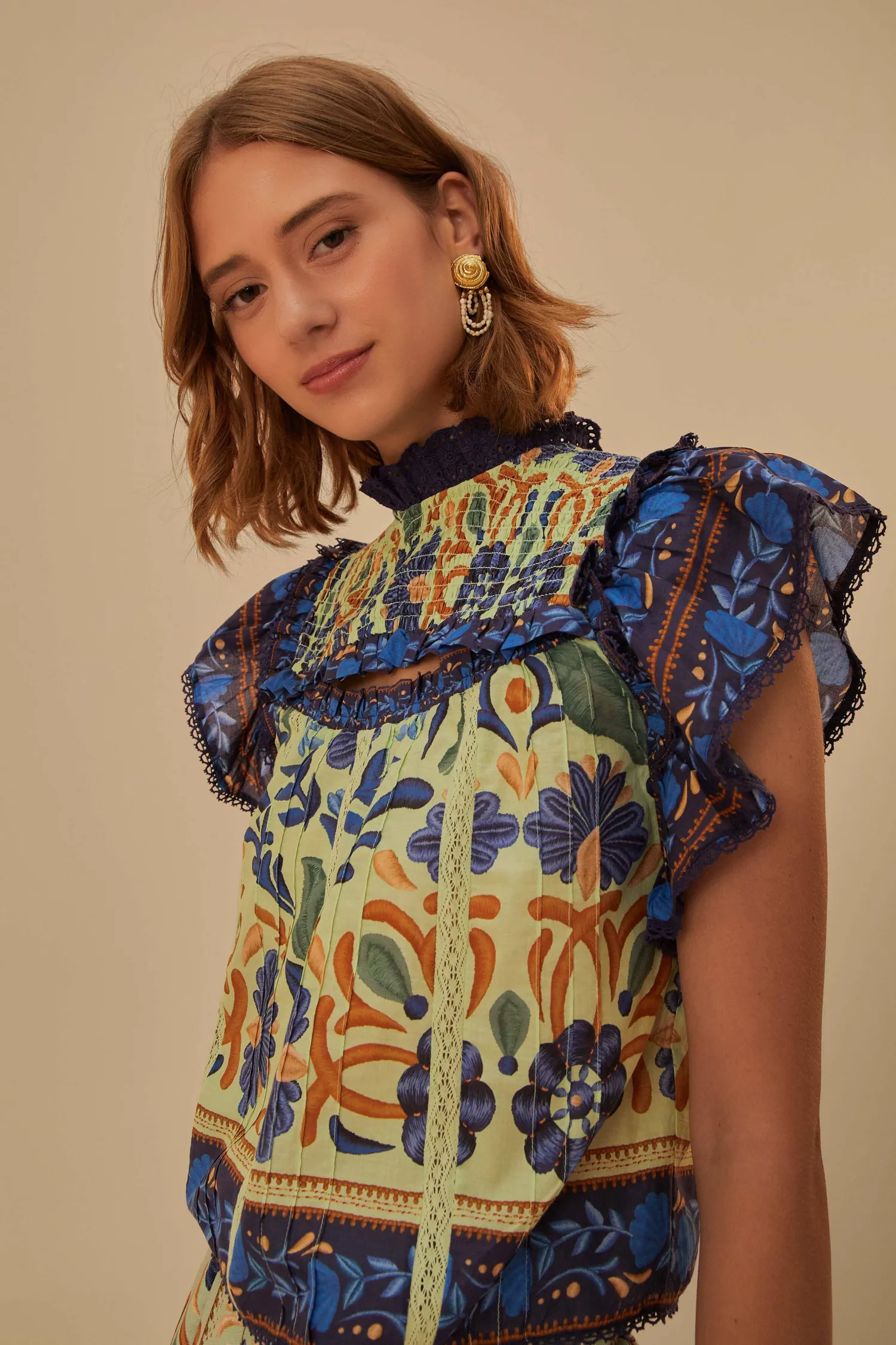 FARM Rio GREEN OCEAN TAPESTRY LACE BLOUSE