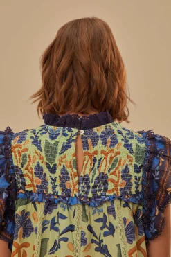 FARM Rio GREEN OCEAN TAPESTRY LACE BLOUSE