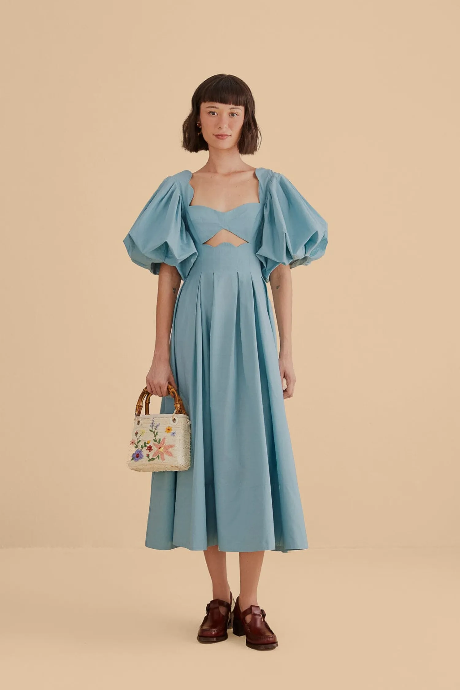 FARM Rio GREY BLUE CUT OUT MIDI DRESS