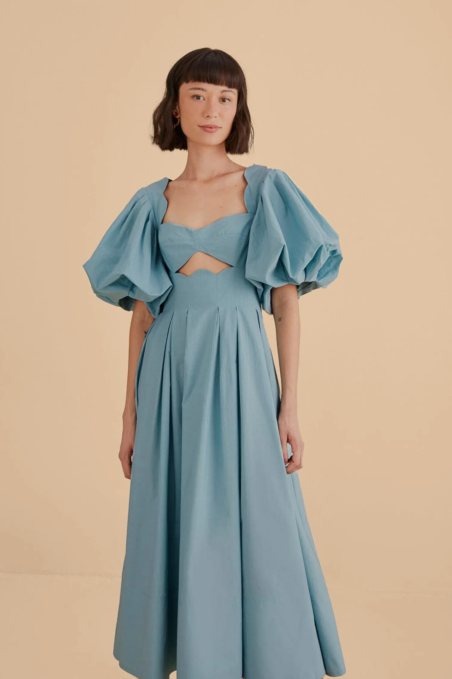 FARM Rio GREY BLUE CUT OUT MIDI DRESS