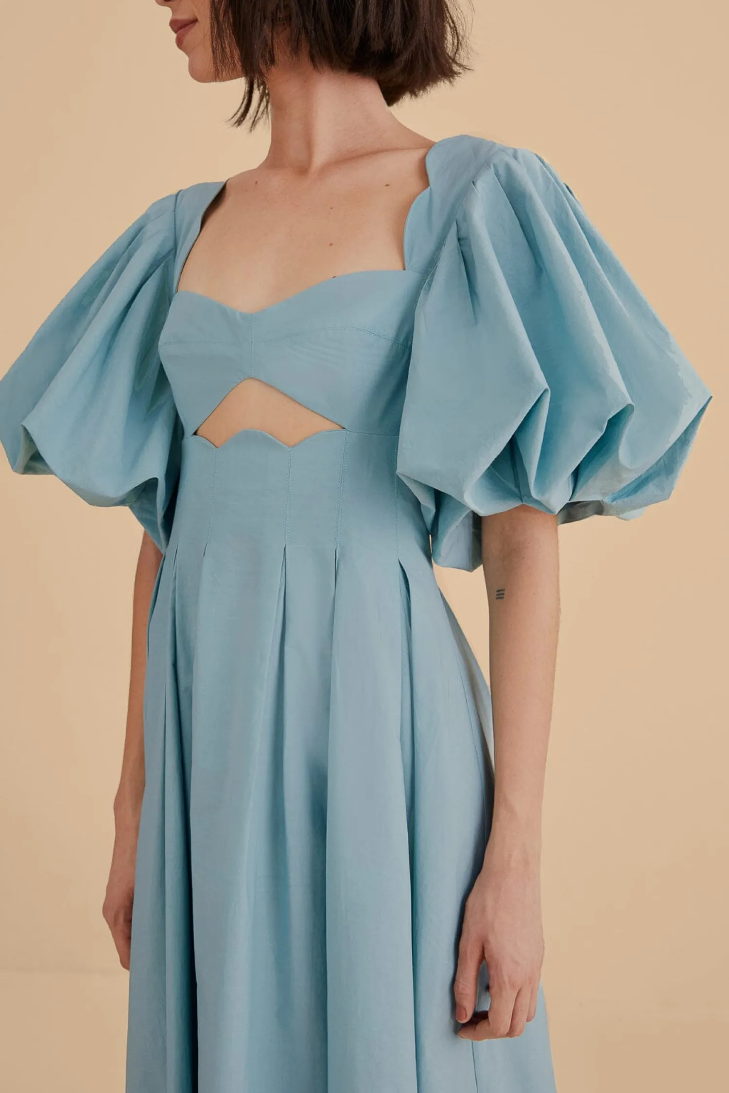 FARM Rio GREY BLUE CUT OUT MIDI DRESS