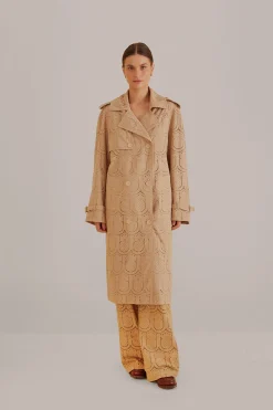FARM Rio KHAKI PINEAPPLE COTTON EYELET TRENCH COAT