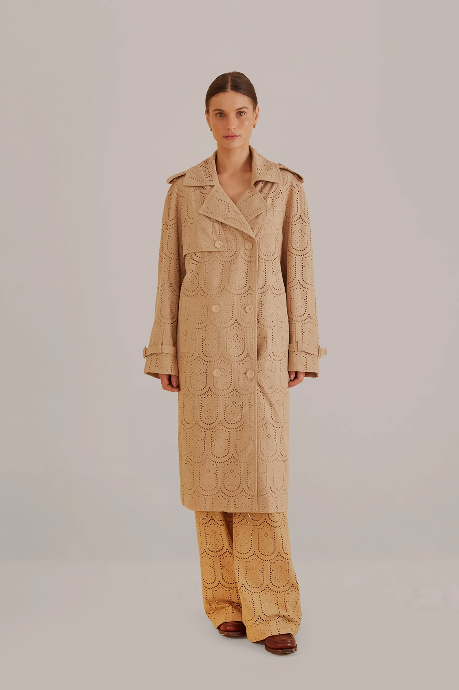 FARM Rio KHAKI PINEAPPLE COTTON EYELET TRENCH COAT