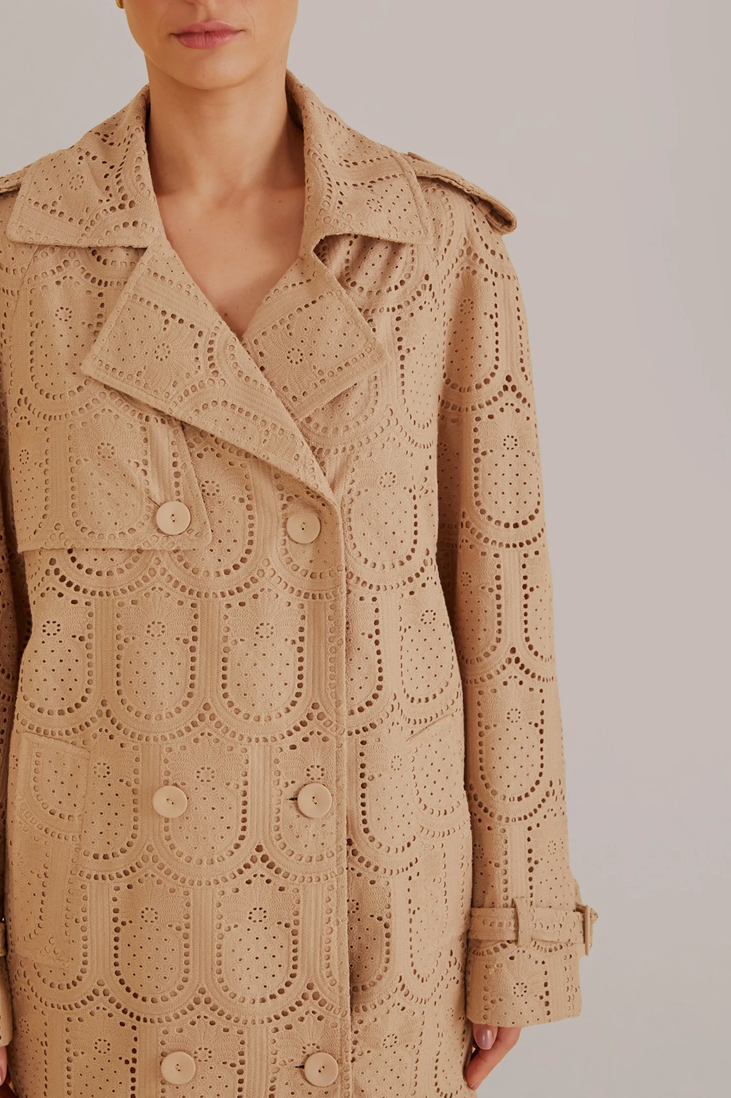 FARM Rio KHAKI PINEAPPLE COTTON EYELET TRENCH COAT